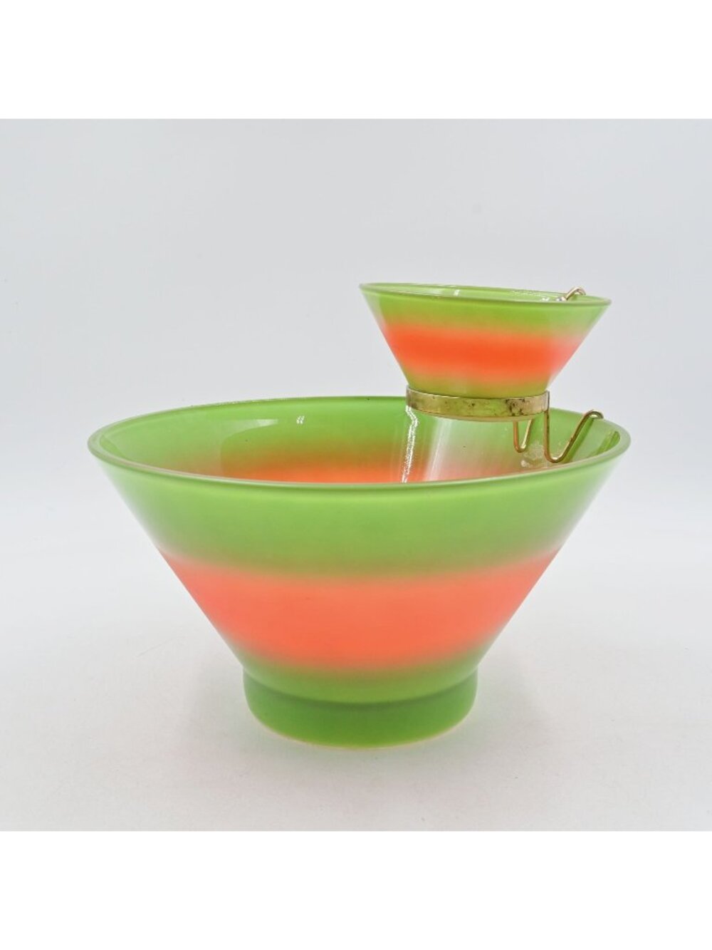 Blendo West Virginia Chip and Dip Bowl Set Striped Glass w/ Bracket Vintage MCM